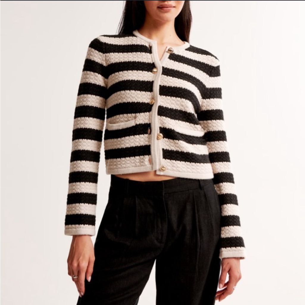 Abercrombie & Fitch Black And Cream Striped Button Up Crew Cardigan